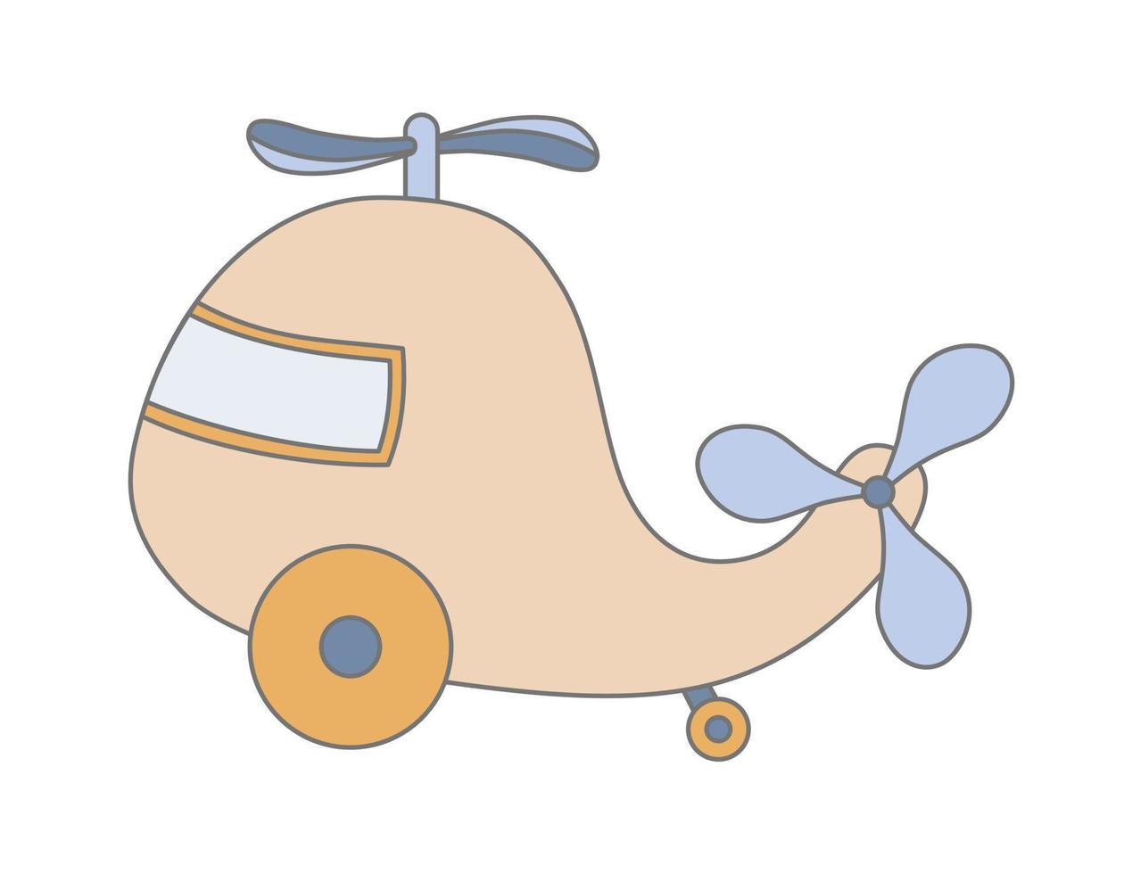 Helicopter wooden Kid Toy. Airplane for Baby Boy. Vector hand drawn illustration for happy childhood on white background. Cute sketch of Plane