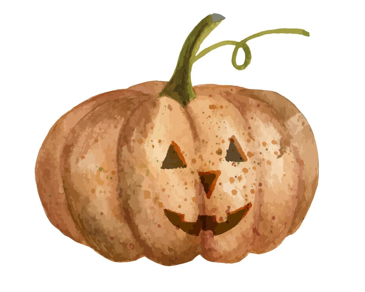 acuarela calabaza de halloween con cara feliz. jack o linterna pintado a mano. Ilustración de calabaza de otoño sobre fondo blanco aislado vector