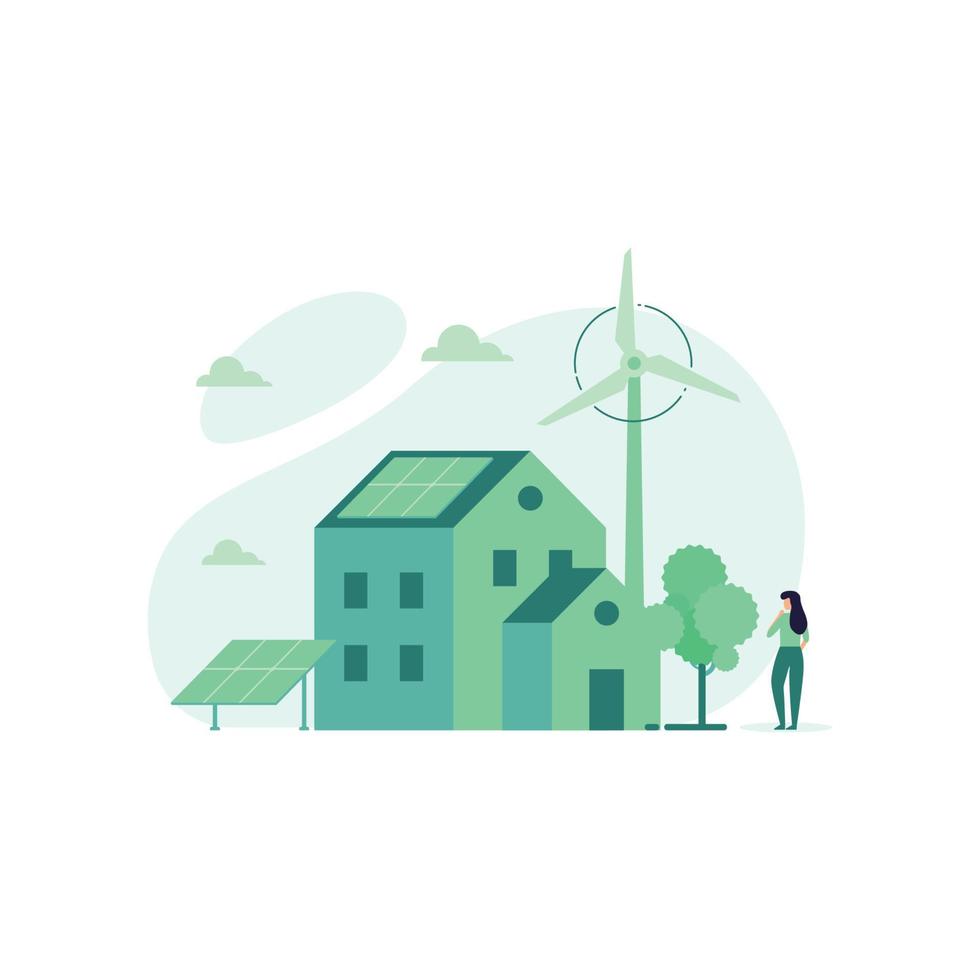 casa verde con ilustración de vector de energía solar