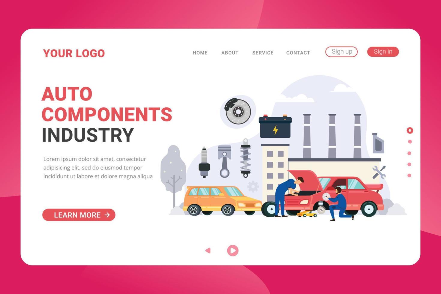 Auto components industry landing page template vector illustration