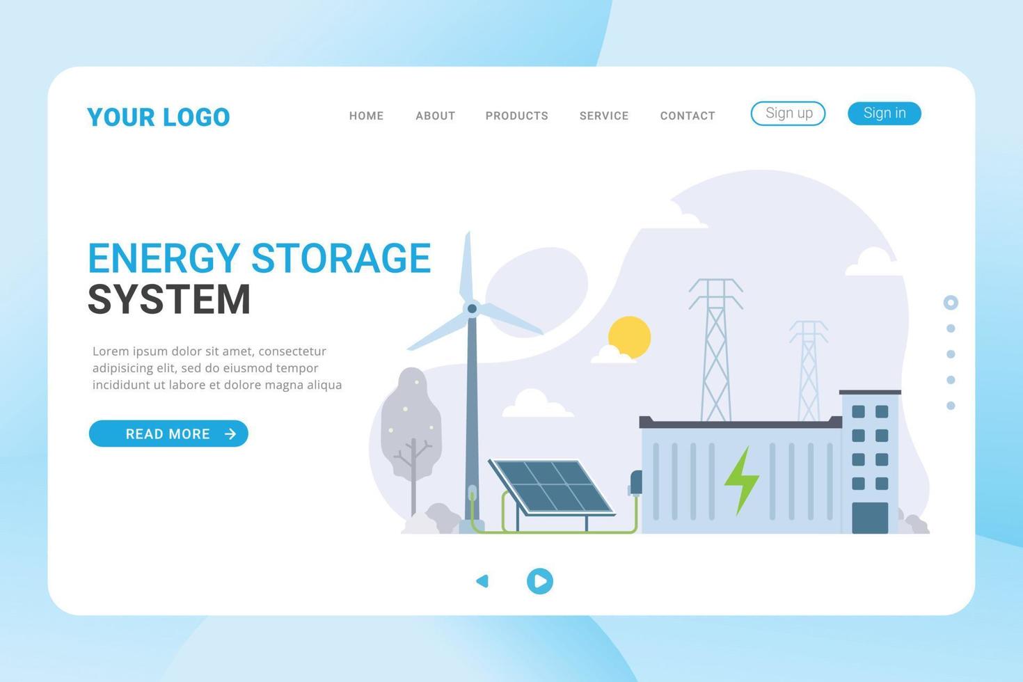 Landing page templateEnergy storage system using batteries from sustainable and environmental friendly electricity source landing page template vector