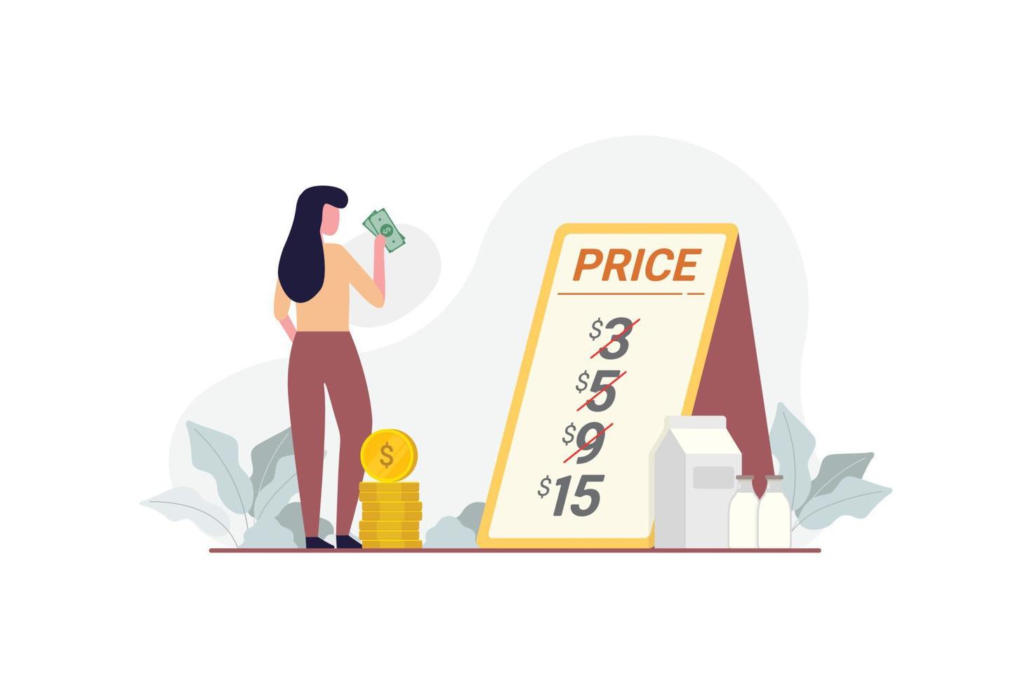 Economic crisis financial inflation design concept. Growing up prices for goods and value of money recession vector illustration