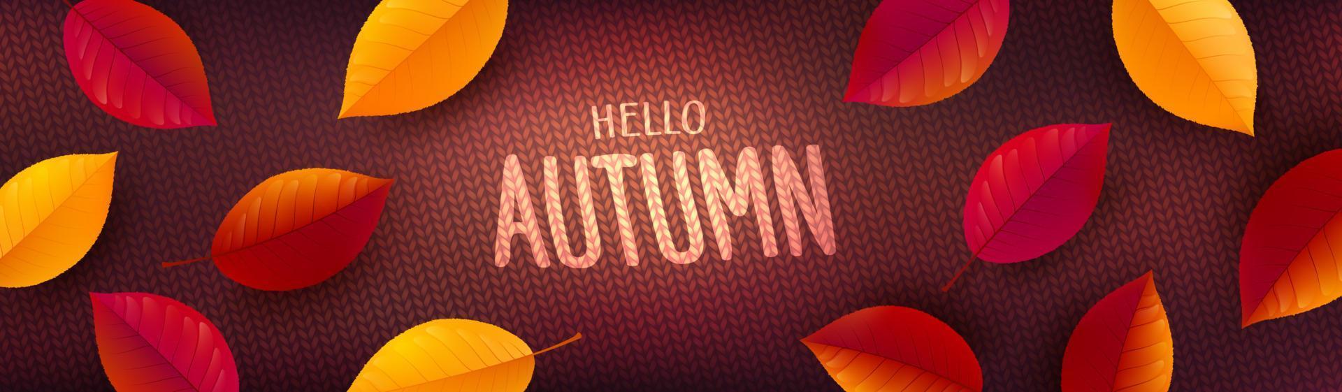 cartel de otoño o plantilla de banner con coloridas hojas de otoño sobre fondo de suéter de punto. saludos y regalos para el concepto de otoño y temporada de otoño. vector