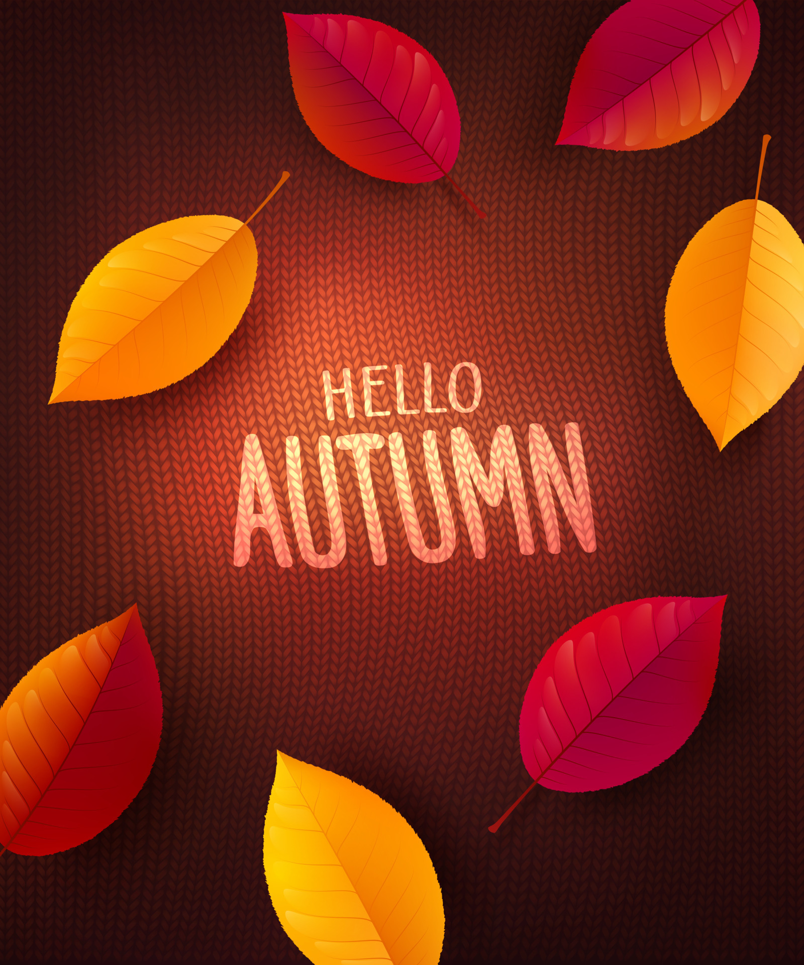 Autumn Poster or banner template with colorful Autumn leaves on knitted