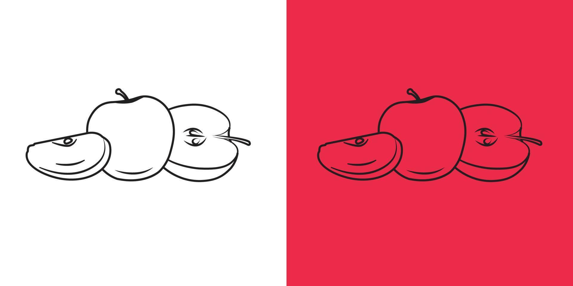 conjunto de vectores de frutas de manzana. ilustración dibujada a mano de alimentos orgánicos. manzana aislada sobre fondo rojo y blanco.