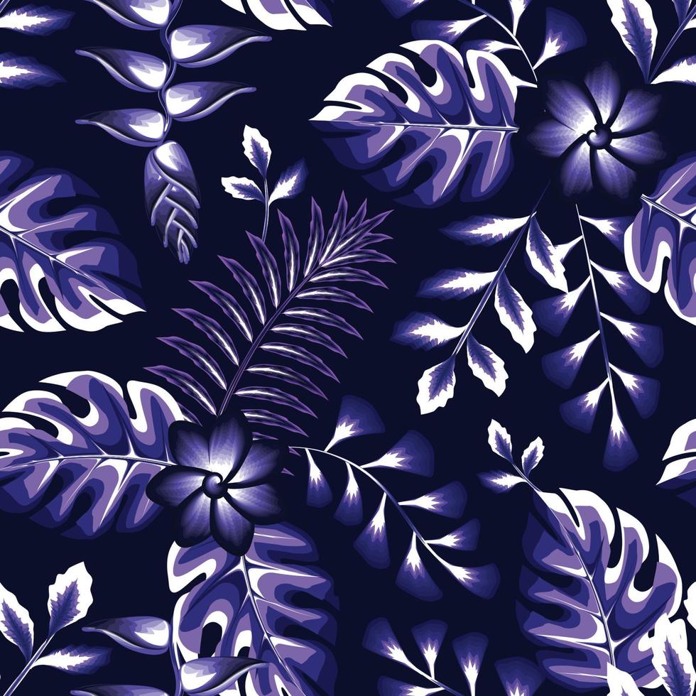 light blue color tropical foliage seamless pattern fashionable design with beautiful blue heliconia flower, monstera fern leaves in monochromatic style on night background. jungle wallpaper. texture vector