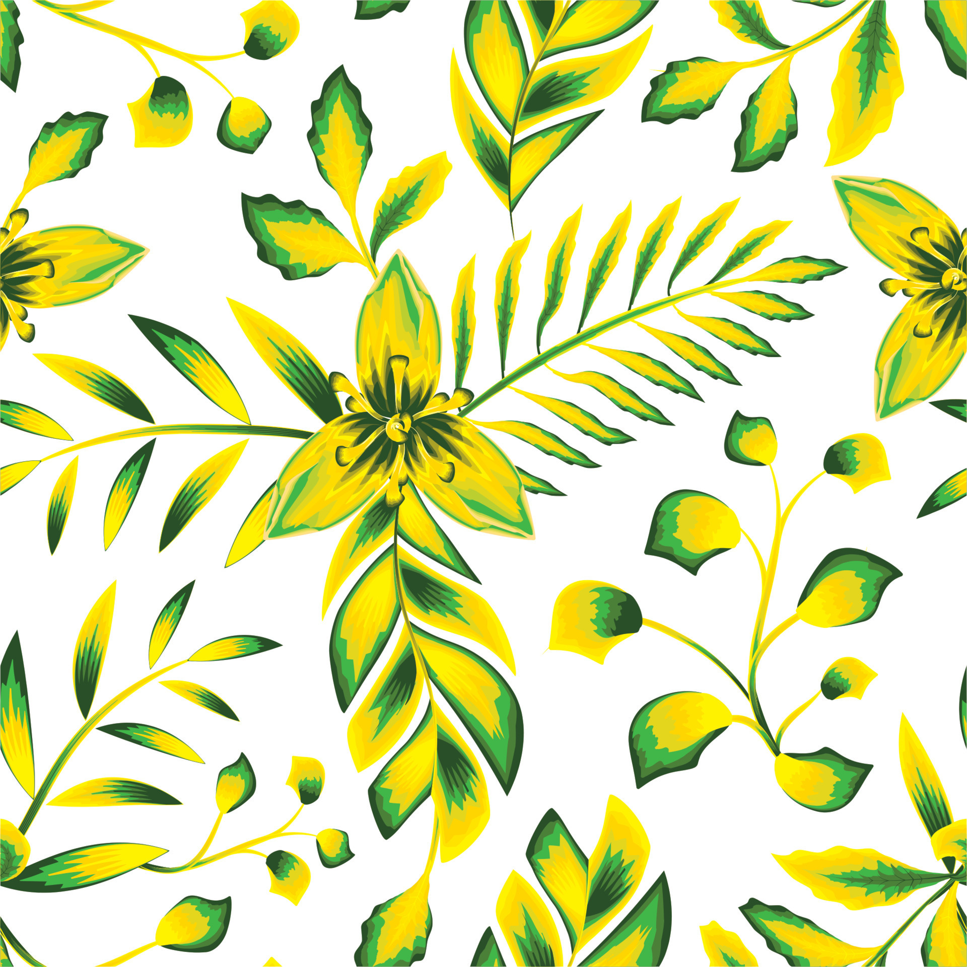 green yellow tropical fern leaves seamless pattern with colorful
