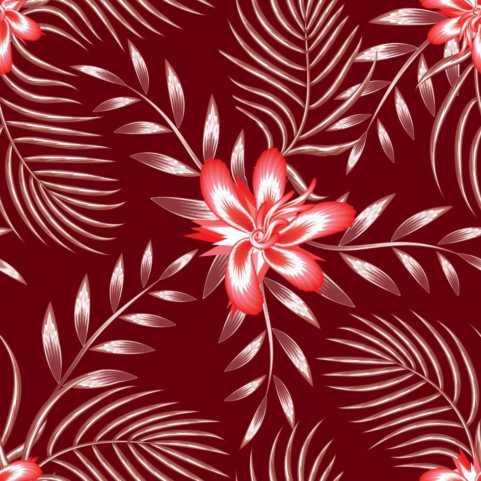 fondo transparente abstracto con hojas y flores tropicales monocromáticas rosas sobre fondo granate. diseño vectorial impresión de la selva. fondo floral. imprenta y textil. temática de verano. otoño vector