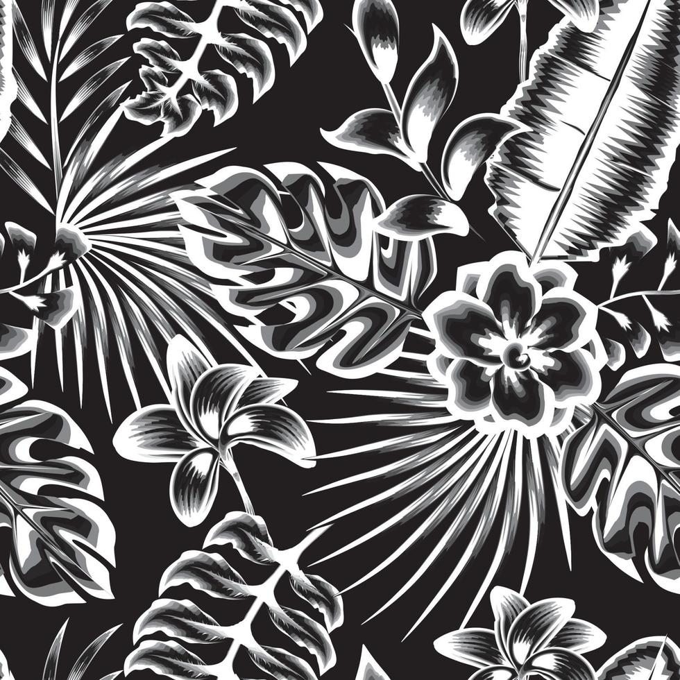 Night exotic jungle illustration with black and white color composition in monochromatic stylish tropical jasmine flowers and plants foliage seamless fabric t-shirt pattern. Exotic tropics. nature vector