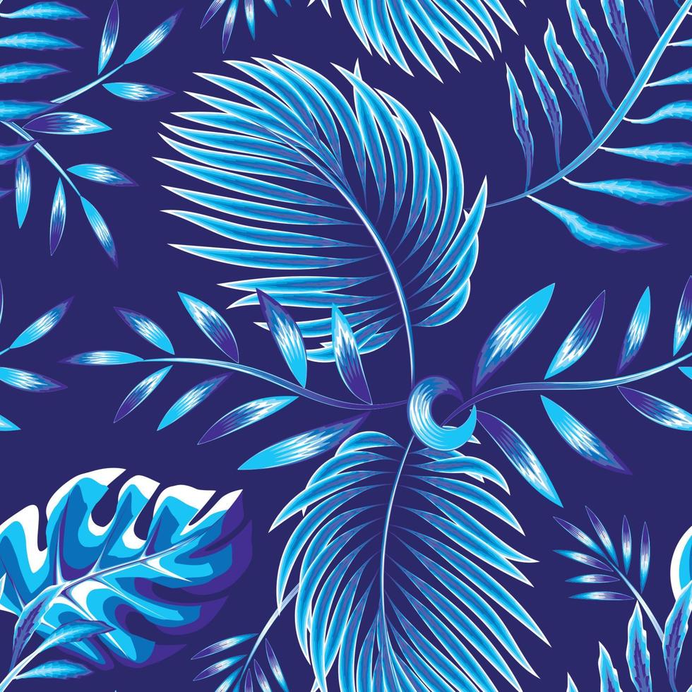 fashionable rainforest plants seamless pattern with vintage blue monochromatic color style tropical palm fern foliage and monstera plants. jungle print. tropical wallpaper. Exotic summer. texture vector