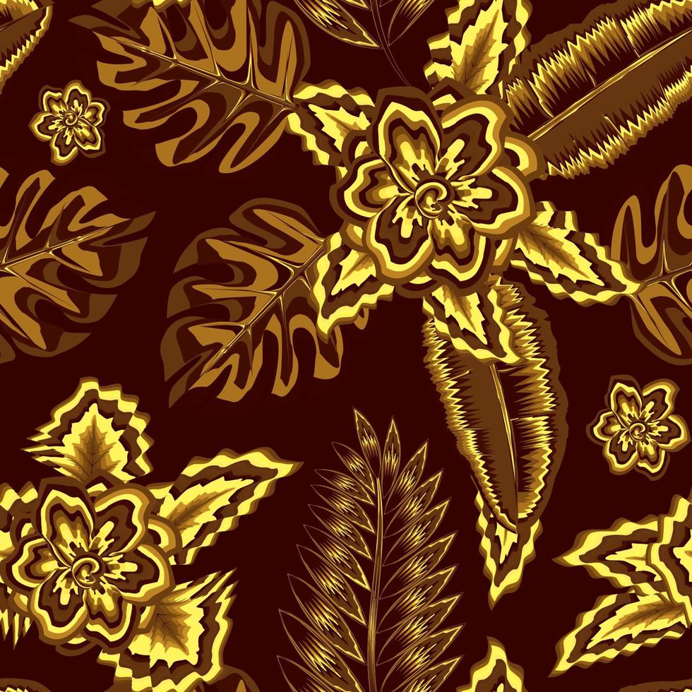 diseño de vector de fondo decorativo de patrones sin fisuras de oro con hojas de helecho de plátano tropical brillante de color dorado y follaje de planta de monstera sobre fondo nocturno. fondo floral. trópico exótico. primavera