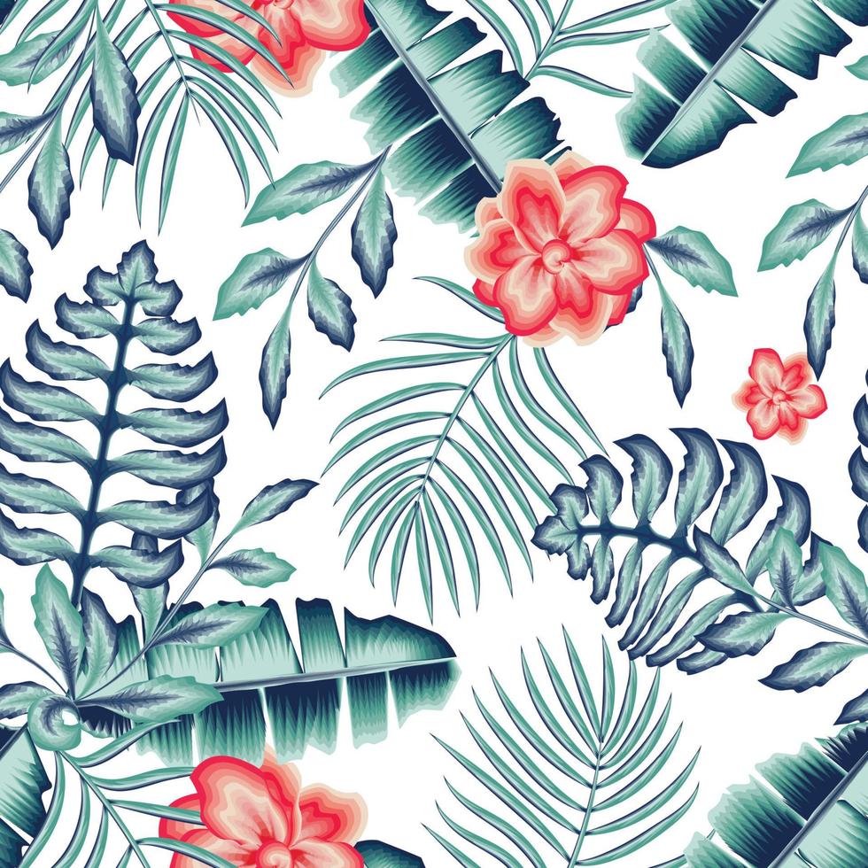 Floral seamless pattern. Hand drawn red large flower . Flower silhouettes. blue monochromatic Botanical seamless background with bananna palm leaves plants. Summer garden print texture. fashionable vector