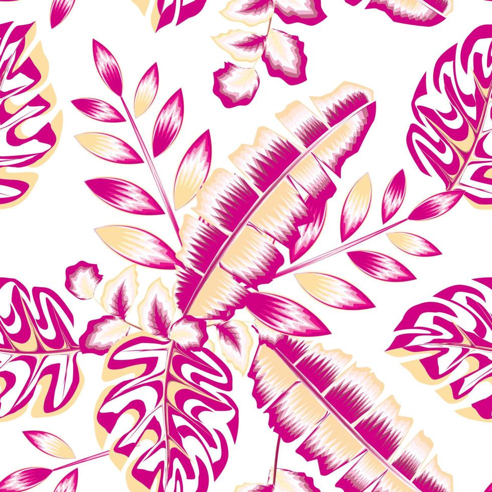 El monstera de plátano abstracto rosa deja un patrón sin costuras con coloridas plantas tropicales y follaje sobre fondo blanco. diseño vectorial trópicos exóticos. diseño de verano en la playa. textura de moda. otoño vector