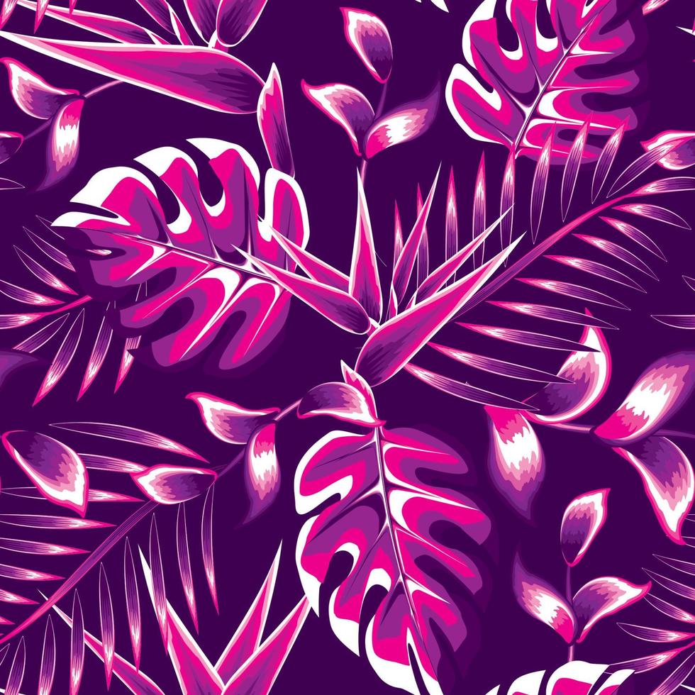 hermosa composición de color rosa en hojas de palma de monstruo tropical patrón sin costuras con flor de ave del paraíso de moda y follaje sobre fondo pastel. diseño vectorial verano exótico. textura de impresión vector