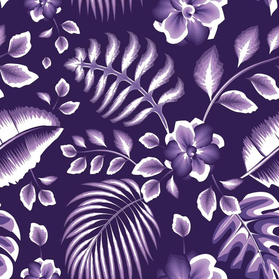 follaje de plantas de selva tropical vintage patrón sin costuras con hojas de palma de monstera tropical púrpura monocromática y flores de jazmín vintage sobre fondo oscuro. diseño vectorial fondo floral. exótico vector