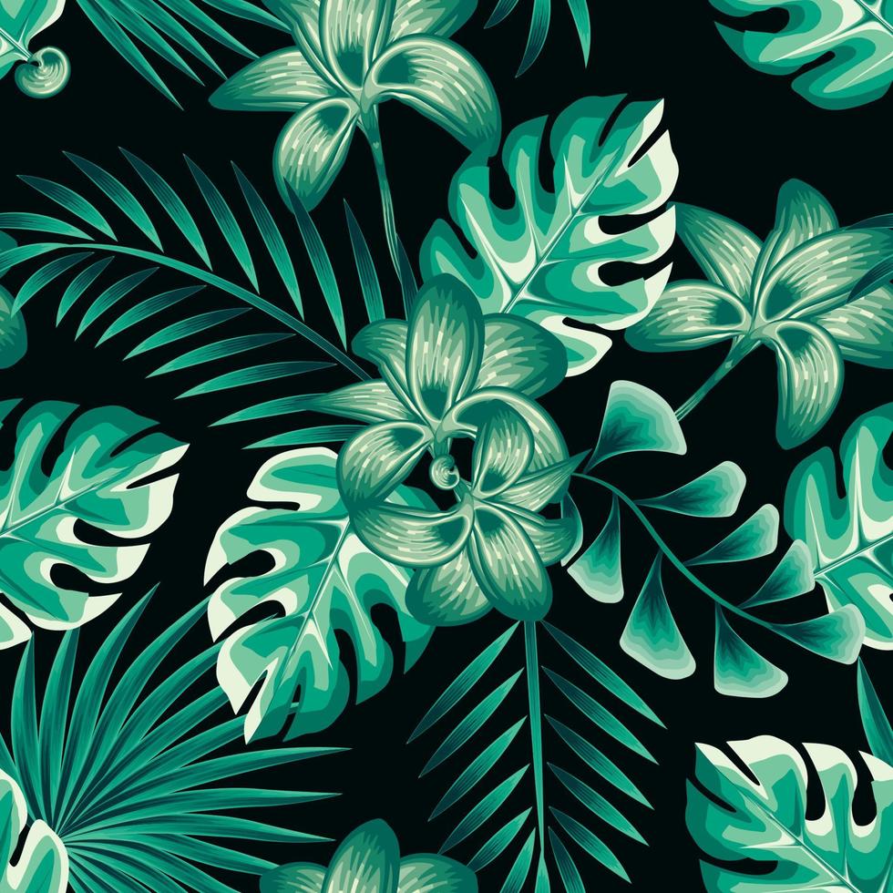 green jungle foliage illustration seamless pattern with green monochromatic style tropical plant on night background. nature wallpaper. vector design prints. Floral background. Exotic tropics. Summer