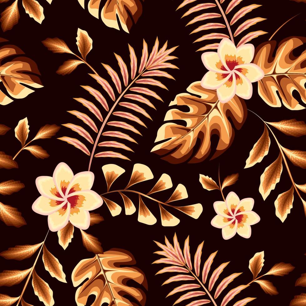 Watercolor style illustration topical seamless pattern with elegance forest and abstract beautiful flower on night background. Floral background. Exotic tropic. beach Summer themed design. spring vector