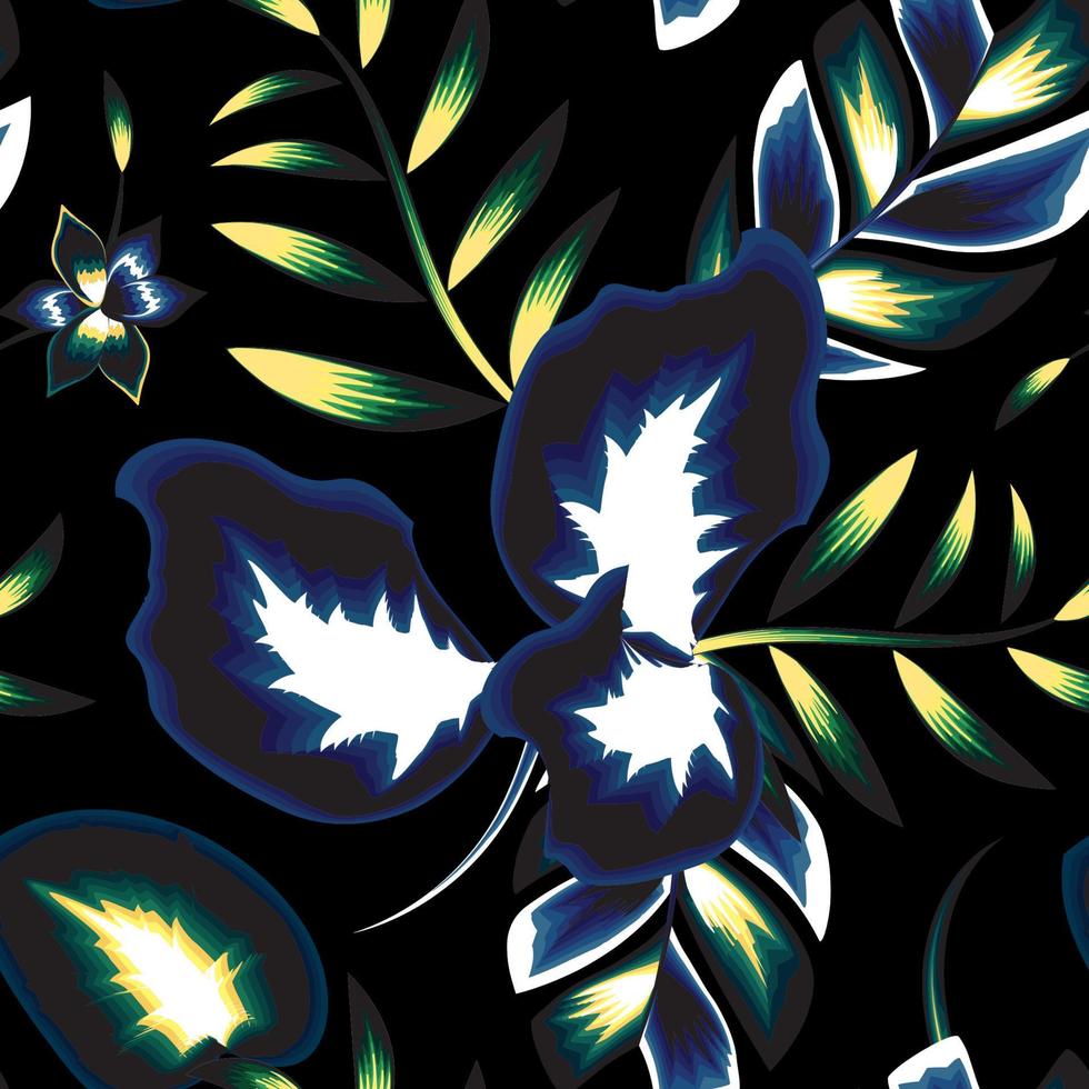 Botanical seamless tropical pattern with bright plants and leaves on a black background. Summer colorful hawaiian seamless pattern with tropical plants. Printing and textiles. Exotic Summer design vector