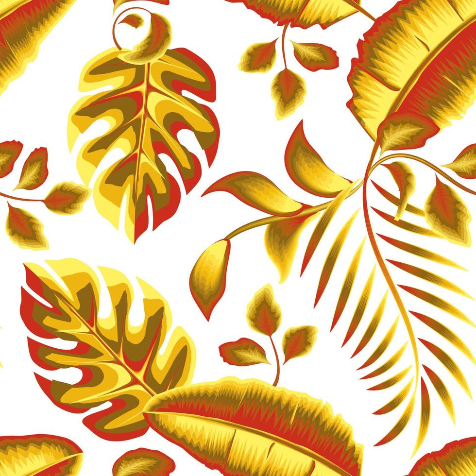 hojas tropicales de verano en la playa de patrones sin fisuras con el sol brillante de la tarde en coloridas hojas de palma de monstruo y un lindo follaje de plátano en un marco. diseño vectorial textura de impresión. papel pintado de la naturaleza. otoño vector