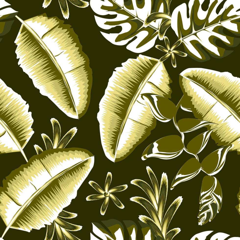 las plantas de plátano de color verde claro dejan un patrón sin costuras con hojas de monstera tropical y flores de heliconia en el fondo nocturno. diseño vectorial textura de impresión de moda. trópico exótico. Arte vector