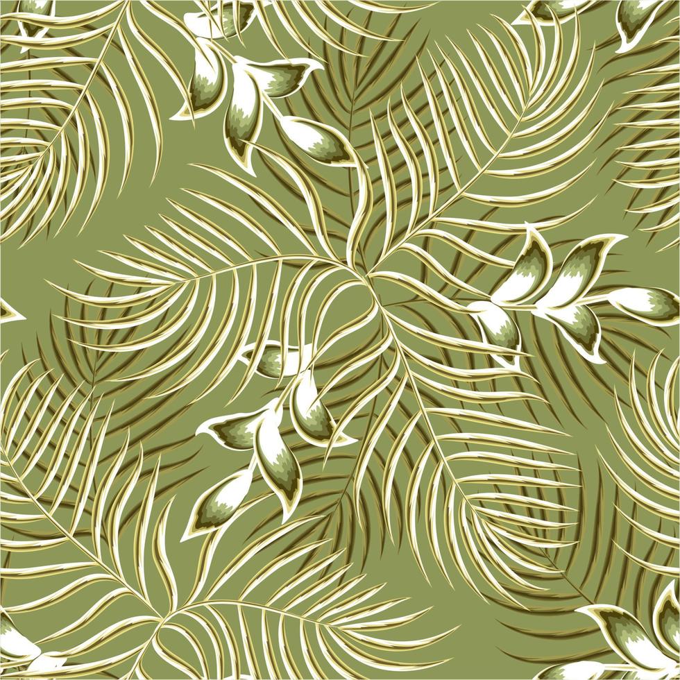 Bright abstract seamless pattern with colorful tropical leaves and plants on green background. Vector design. Jungle print. Floral background. Printing and textiles. Exotic tropics. Fresh design