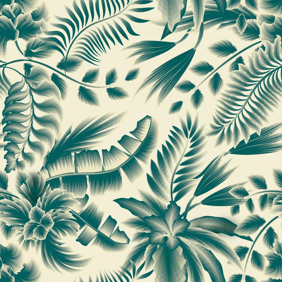 ilustración de la selva de color monocromático verde patrón tropical sin costuras con hojas de helecho de plátano y follaje de plantas de monstera sobre fondo beige. diseño vectorial impresión de la selva. papel pintado de la naturaleza. primavera vector