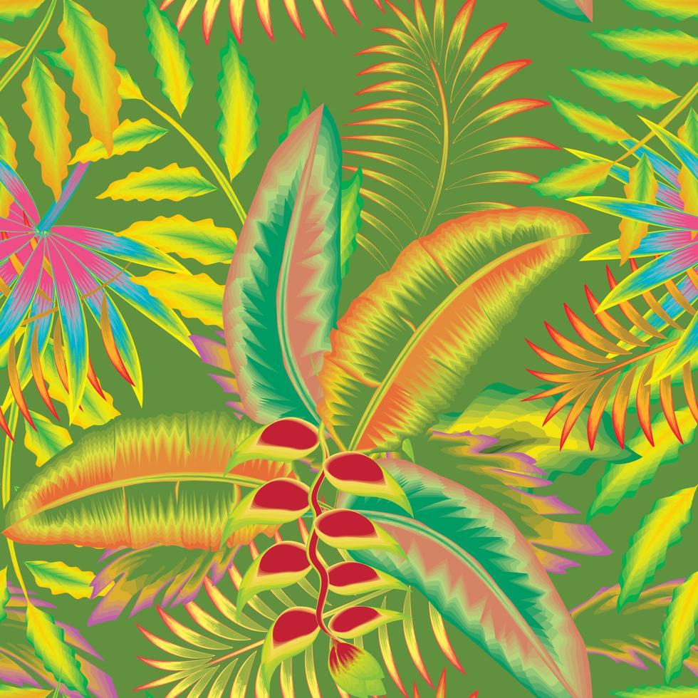 ilustración con un colorido bosque tropical y un patrón abstracto de flores exóticas. hermoso fondo transparente con plantas tropicales sobre fondo verde. elementos florales de composición y hojas de palma exóticas. vector