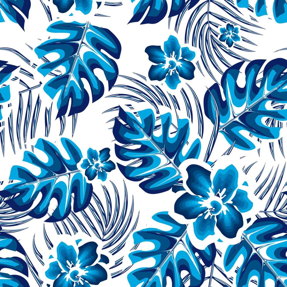 patrón tropical abstracto moderno sin costuras con hojas de palma de monstera y follaje de plantas de flores en color azul monocromático. diseño vectorial textura de tela de moda. trópicos exóticos. diseño de verano vector