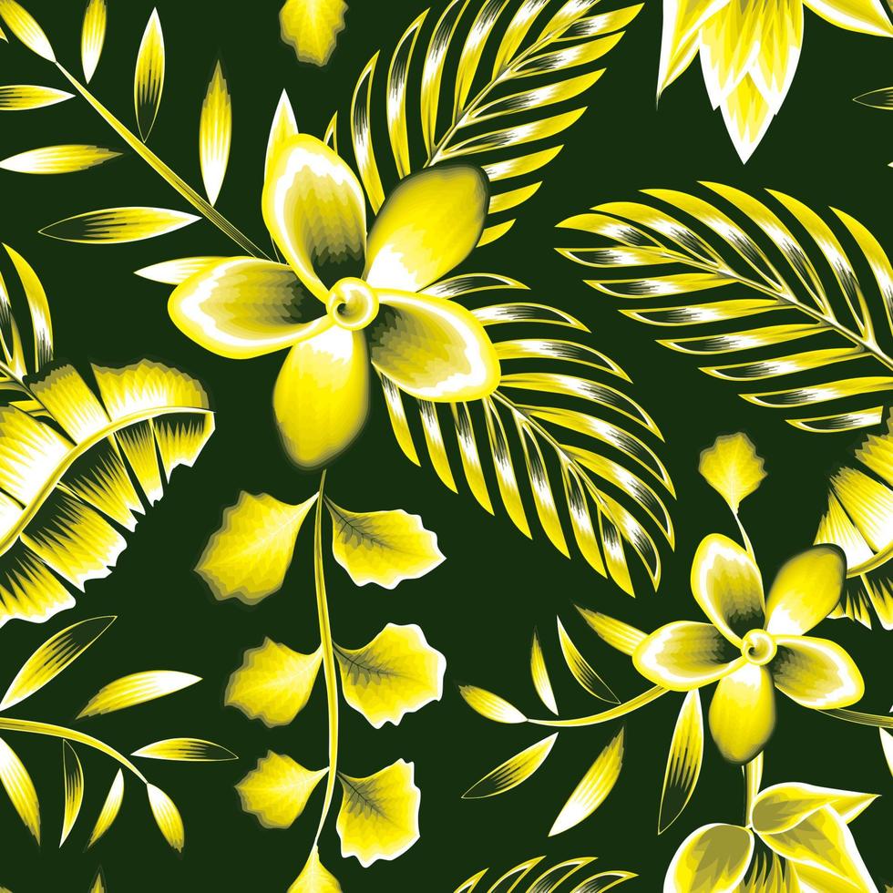 las plantas de la selva tropical abstracta monocromática amarilla vintage dejan un patrón sin costuras con hojas de palma de plátano tropical y flores de frangipani sobre fondo oscuro. fondo floral. diseño exótico de verano vector