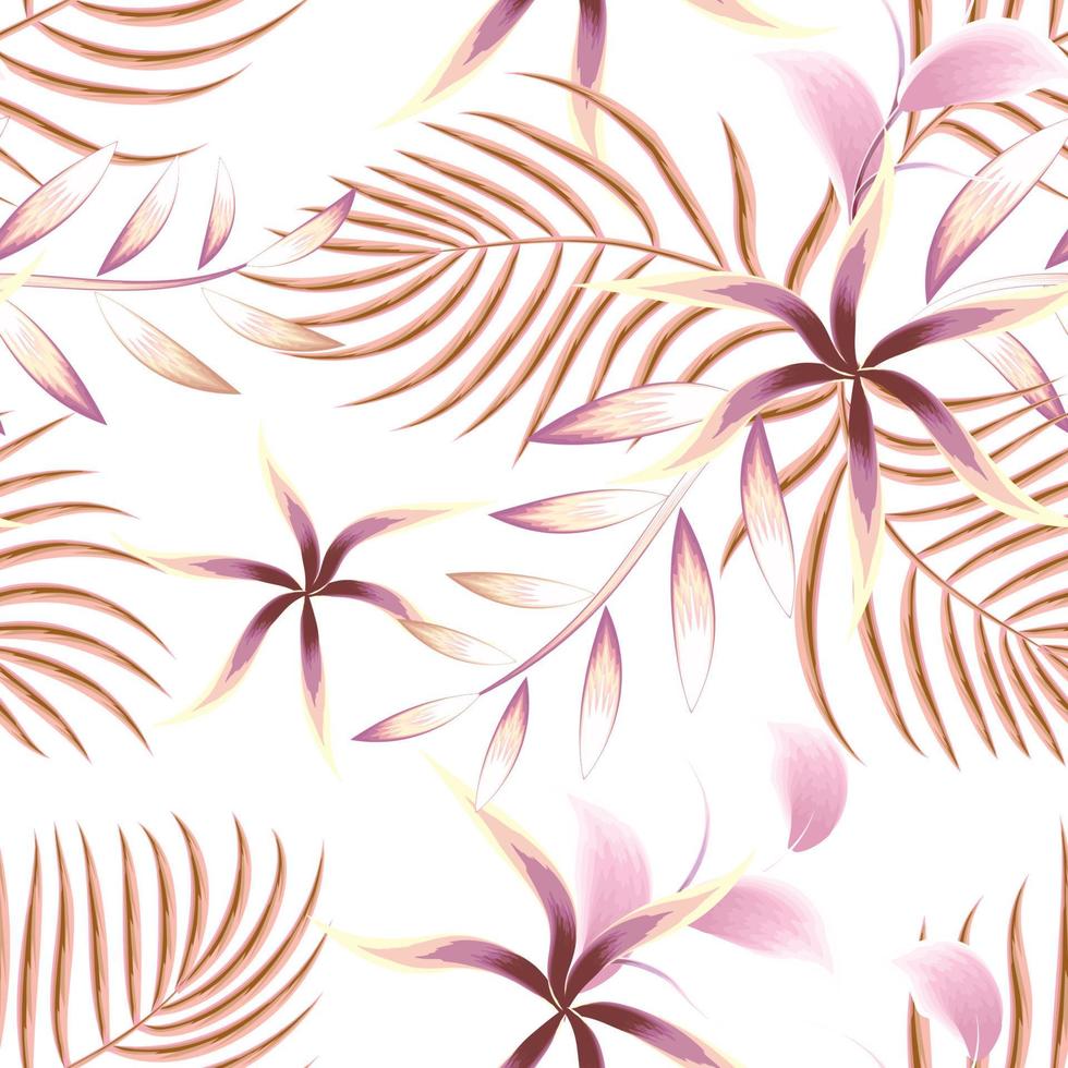 fondo de flor abstracta rosa patrón de moda sin costuras con plantas de hojas de palma beige y follaje sobre fondo blanco. fondo de verano. papel tapiz de ilustración exótica vintage. papel pintado de otoño vector