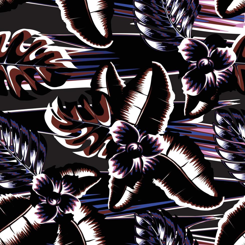 diseño de vector de ilustración de fondo de onda abstracta oscura con hojas de palma de monstera tropical, hoja de plátano y patern sin costuras de flor abstracta. textura de moda. fondo floral. verano exótico