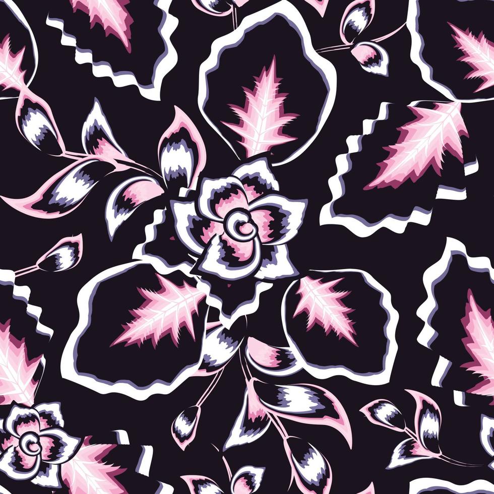 Cala tropical abstracta vintage deja un patrón sin costuras con plantas de flores y follaje sobre fondo nocturno. diseño vectorial fondo floral. trópicos exóticos. diseño de verano. textura de impresión de moda vector