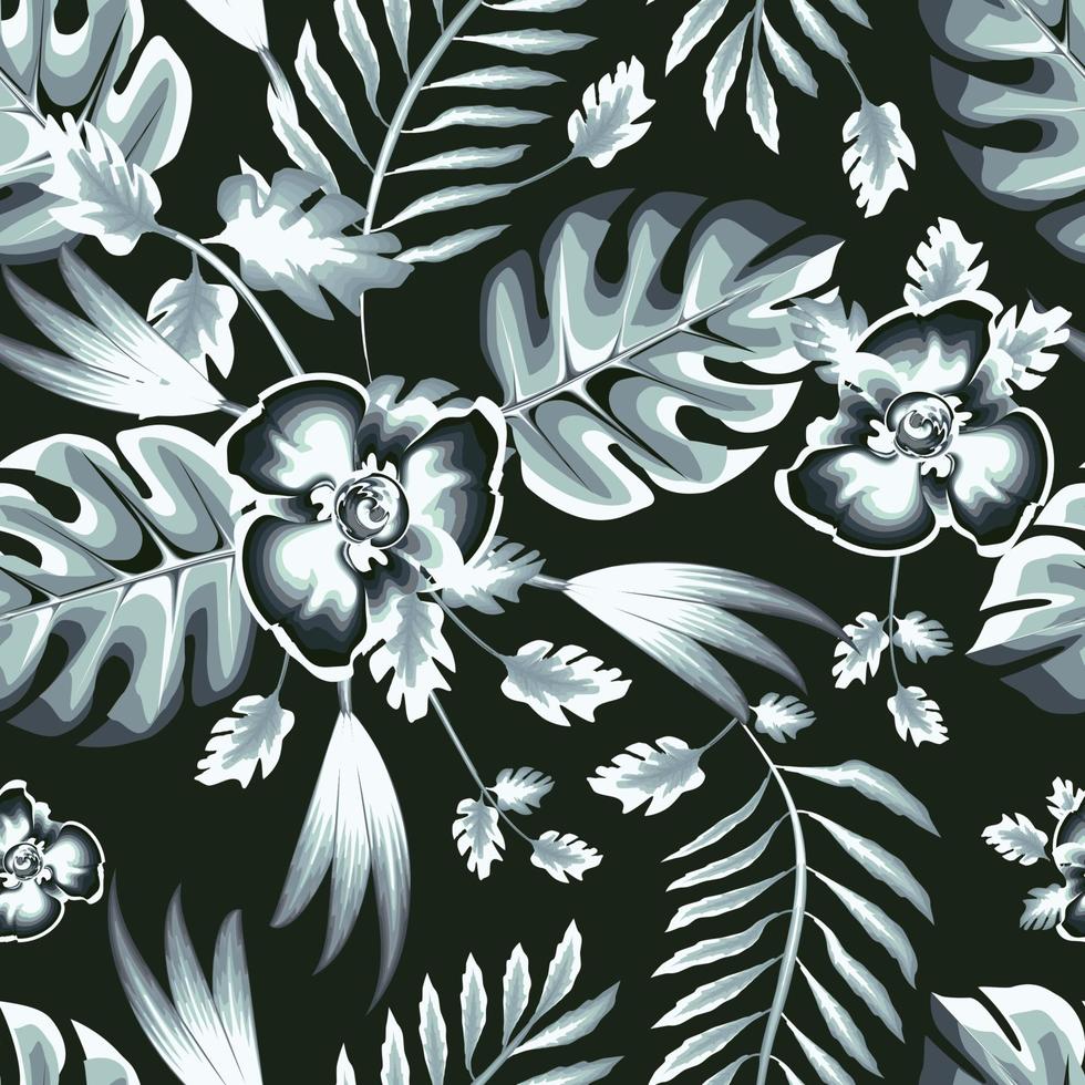 jungle leaf seamless pattern with light Tropical palm leaves and plants foliage on dark background.Trend abstract pattern with tropical leaves and plants on night background. Exotic tropics. Summer vector
