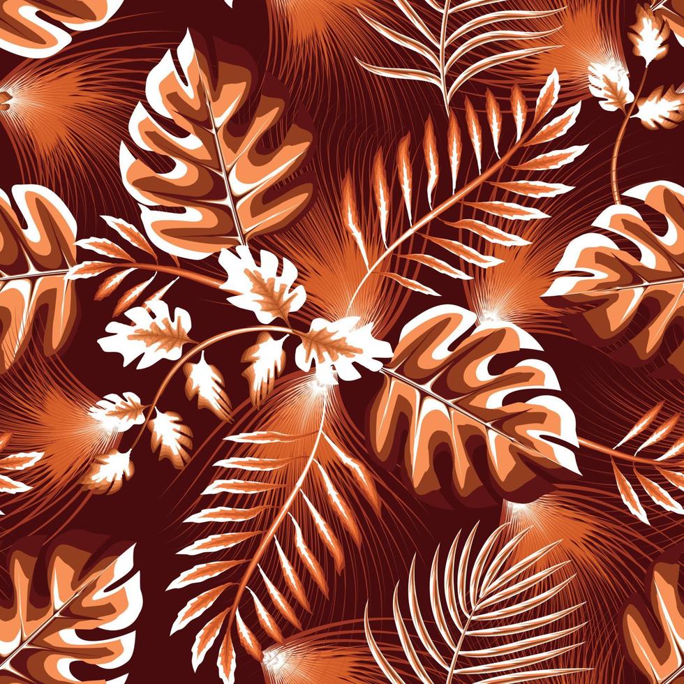 Summer trend seamless background with light tropical leaves and plants foliage on dark background. Vector design. Jungle print. Floral background. Printing and textiles. Exotic tropics. Summer design