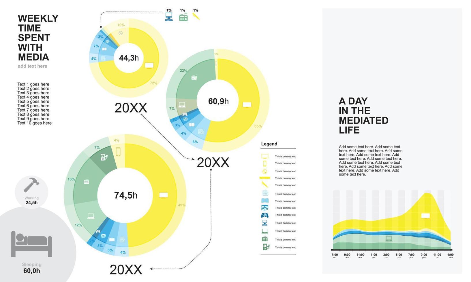 Magazine ad showing infographics pie chart, area chart. Can be used for digital marketing presentation, agency for different marketing channels. Traditional marketing flyers, brochures, newspaper, ads vector