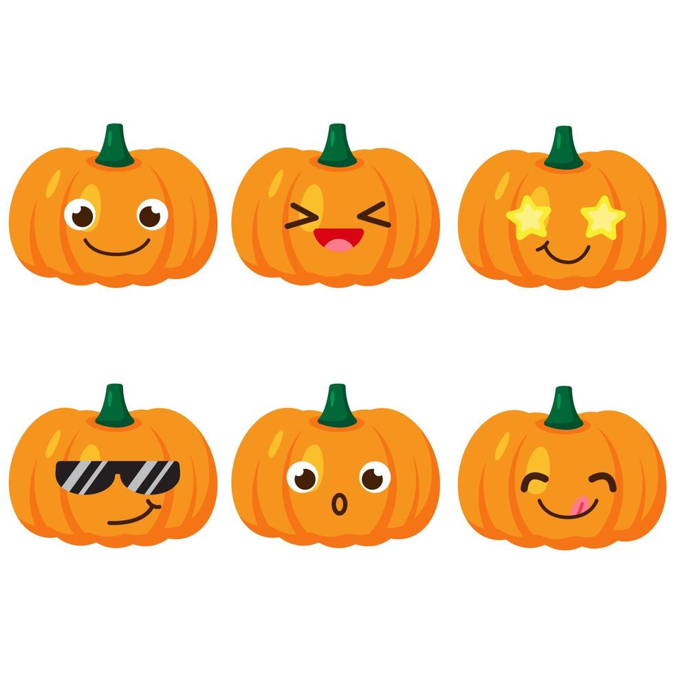 Set of pumpkin emojis. Kawaii style icons, vegetable characters. Vector illustration in cartoon flat style. Set of funny smiles or emoticons. Good nutrition and vegan concept. illustration for kids