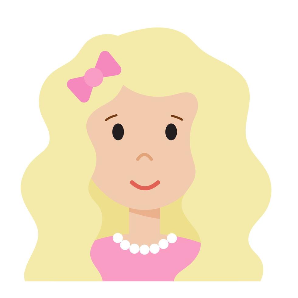 cara de mujer de dibujos animados divertidos, lindo avatar o retrato. chica con hermoso cabello rubio y lazo. personaje joven para web en estilo plano. imprimir para pegatina, emoji, icono. cara minimalista, ilustración vectorial vector