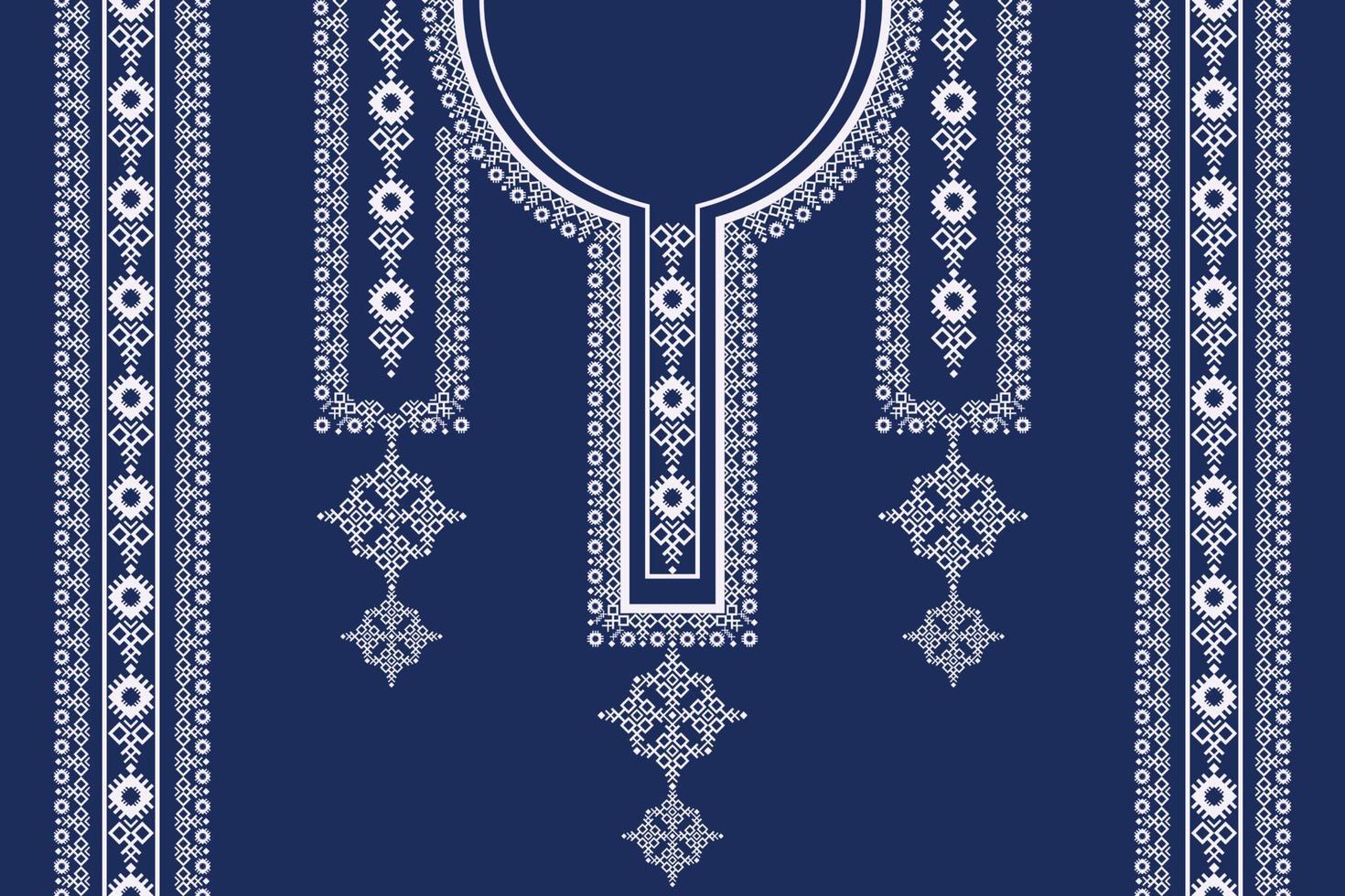 Ethnic neck embroidery white geometric pattern on blue color background. Tribal art shirts fashion. vector