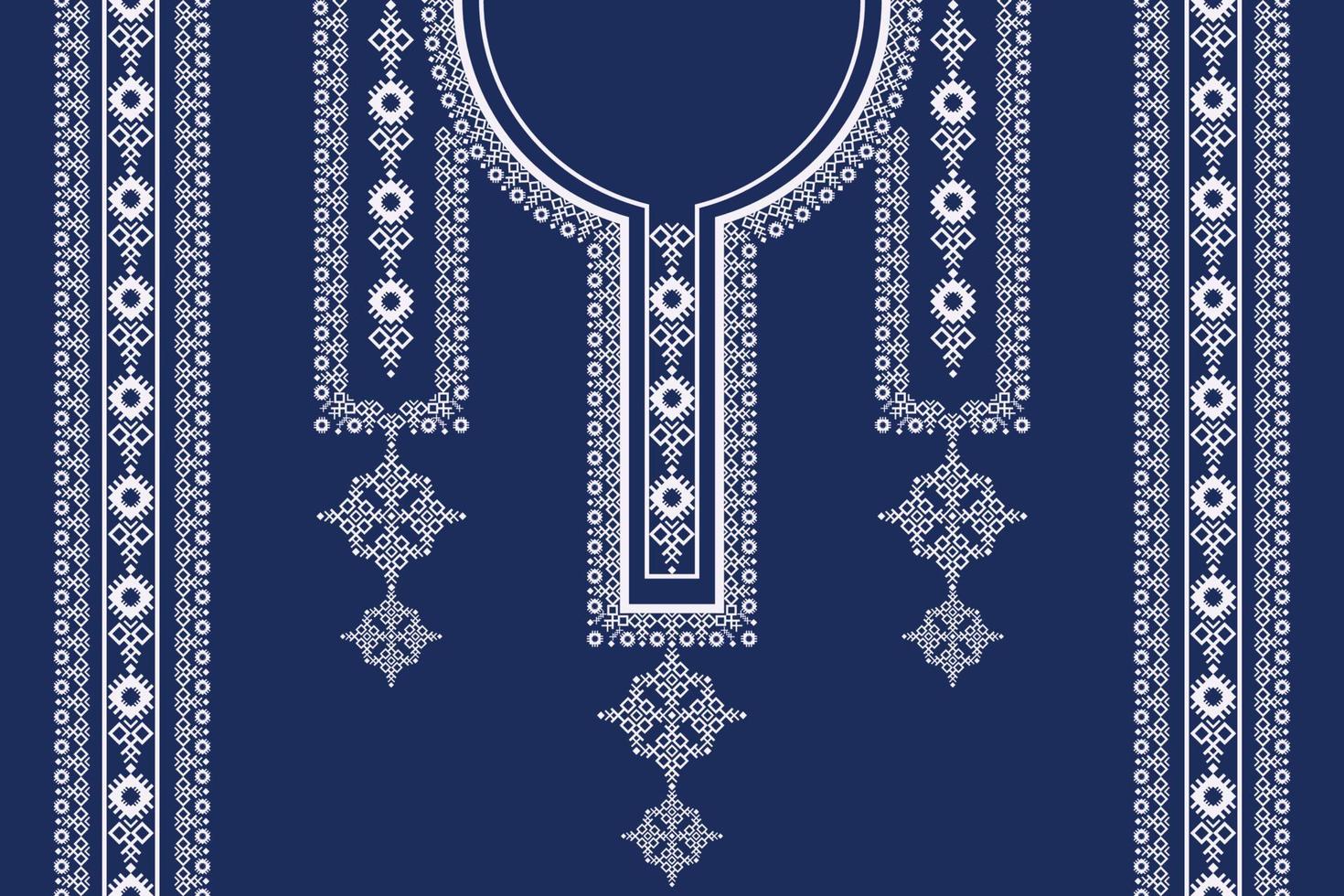 Ethnic neck embroidery white geometric pattern on blue color background. Tribal art shirts fashion. vector