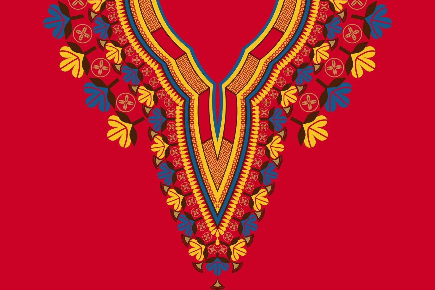 patrón de bordado de flores de escote de fondo rojo colorido dashiki africano. moda de camisetas de arte tribal africano. vector