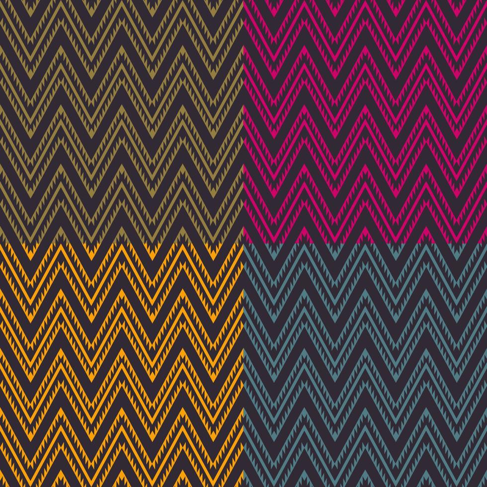 Conjunto de 4 colores de patrones sin fisuras en zigzag geométrico étnico sobre fondo negro. uso para telas, textiles, elementos de decoración de interiores, tapicería, envoltura. vector