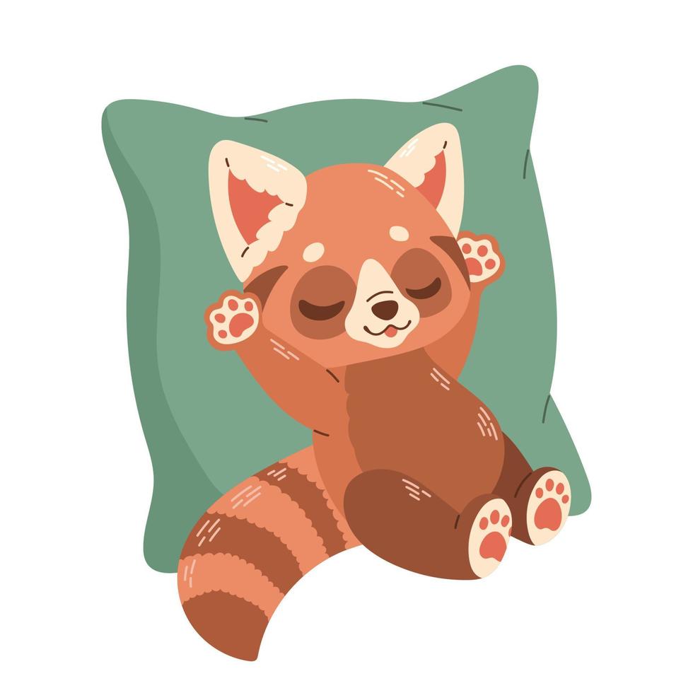 Cute little red panda lying on pillow kids vector illustration