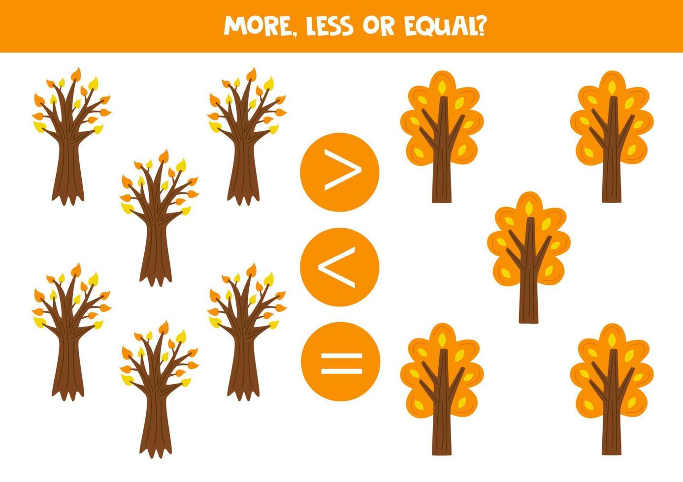 More, less, equal with cute autumn trees. vector