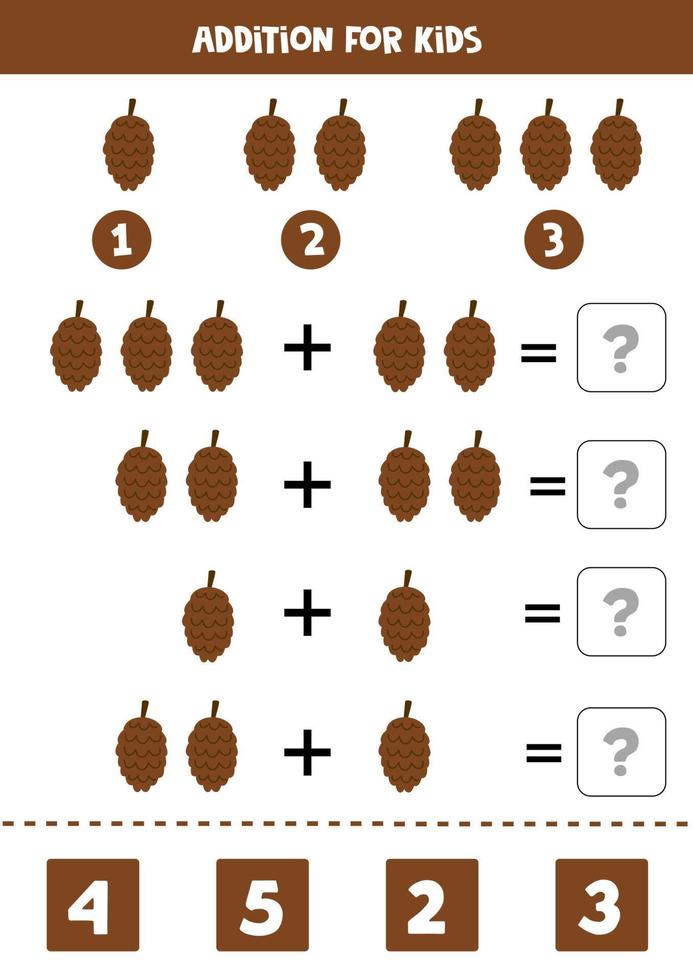 Addition for kids with cute hand drawn pine cone. vector