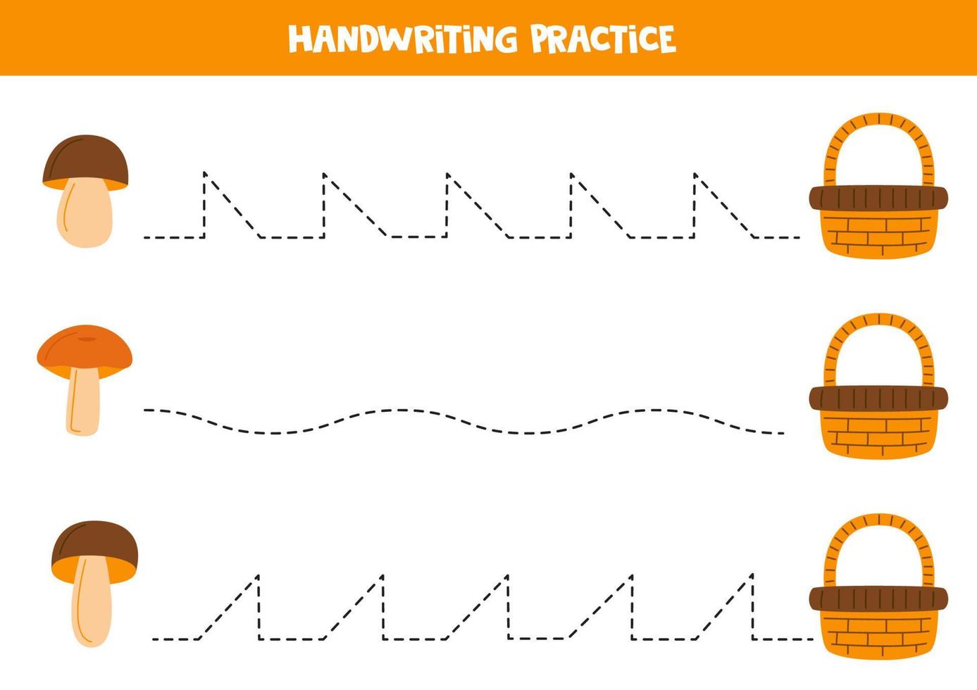 Tracing lines for kids. Hand drawn mushrooms. Writing practice. vector