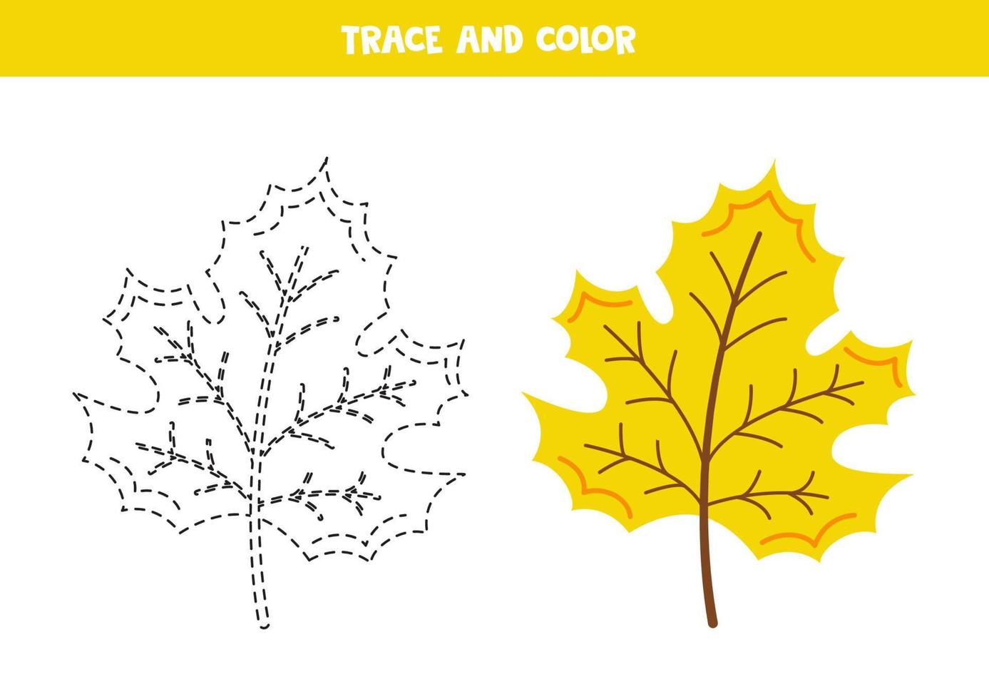 Trace and color cute hand drawn maple leaf. Worksheet for children. vector