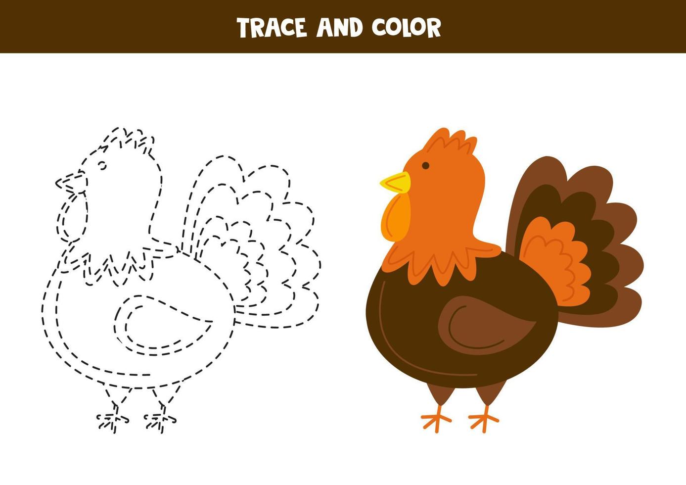 Trace and color cute hand drawn turkey. Worksheet for children