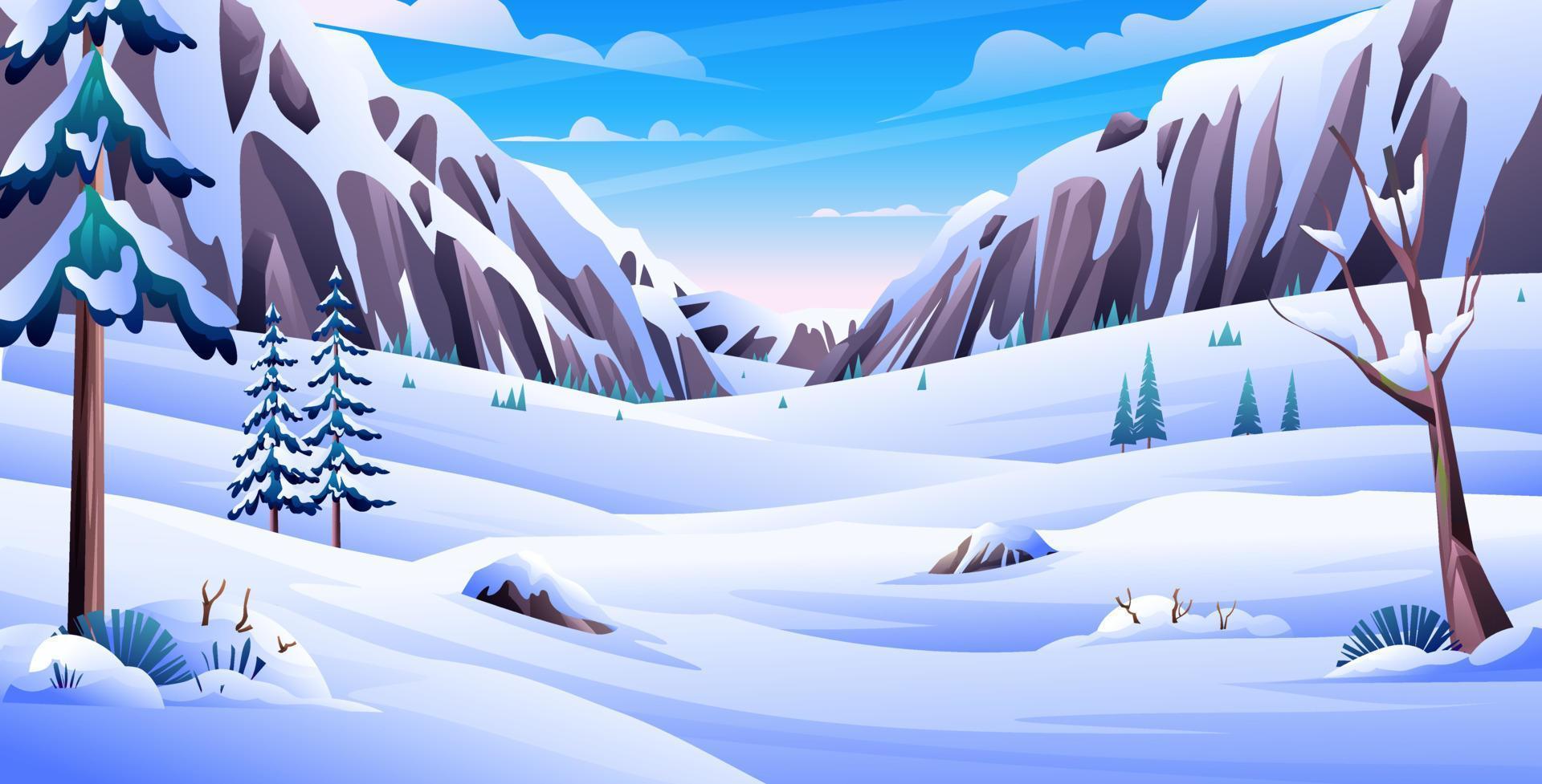 Winter snowy landscape with pines and rocky mountains background cartoon illustration vector