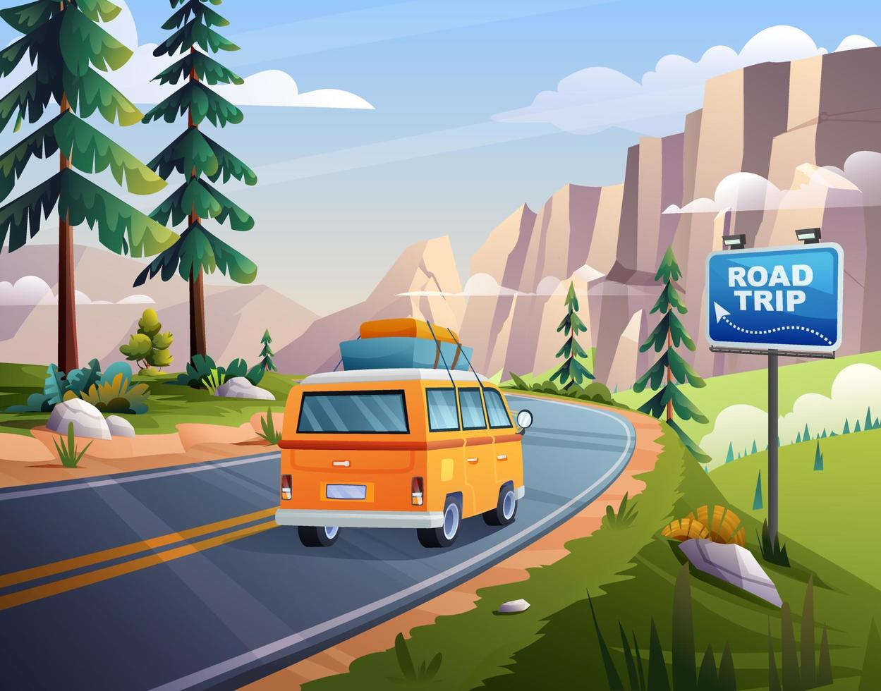 vacaciones de viaje por carretera en coche en la carretera de montaña con ilustración de dibujos animados de concepto de vista de acantilados rocosos vector