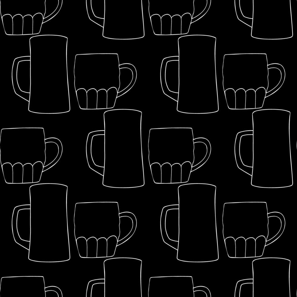 patrón sin costuras con ilustraciones de jarras de cerveza en línea de arte sobre fondo negro vector